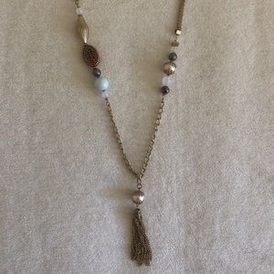 Boho long chain necklace with pink pearls